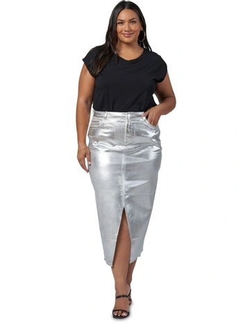 Peaches Silver Denim Midi Skirt