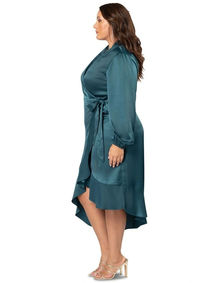 Crush Satin Wrap Dress in Teal image 3