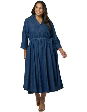Thalia Chambray Wrap Midi Dress in Dark Wash