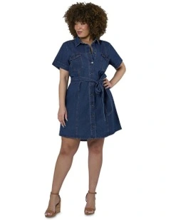 Tia Chambray Mini Shirt Dress in Blue