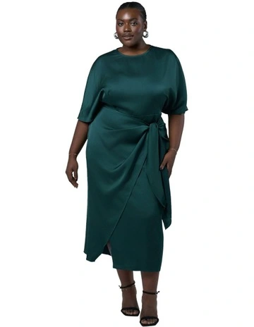 Act Up Satin Midi Dress in Green