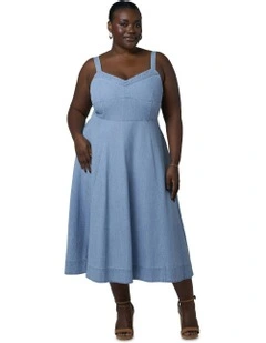 Miki Denim Flared Midi Dress in Blue