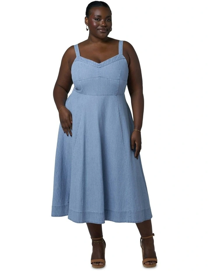 Miki Denim Flared Midi Dress in Blue image 1