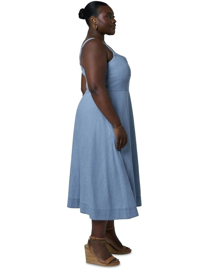Miki Denim Flared Midi Dress in Blue image 3