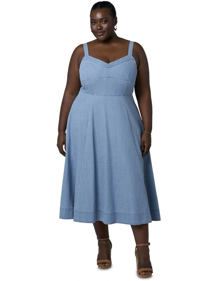 Miki Denim Flared Midi Dress in Blue image 4