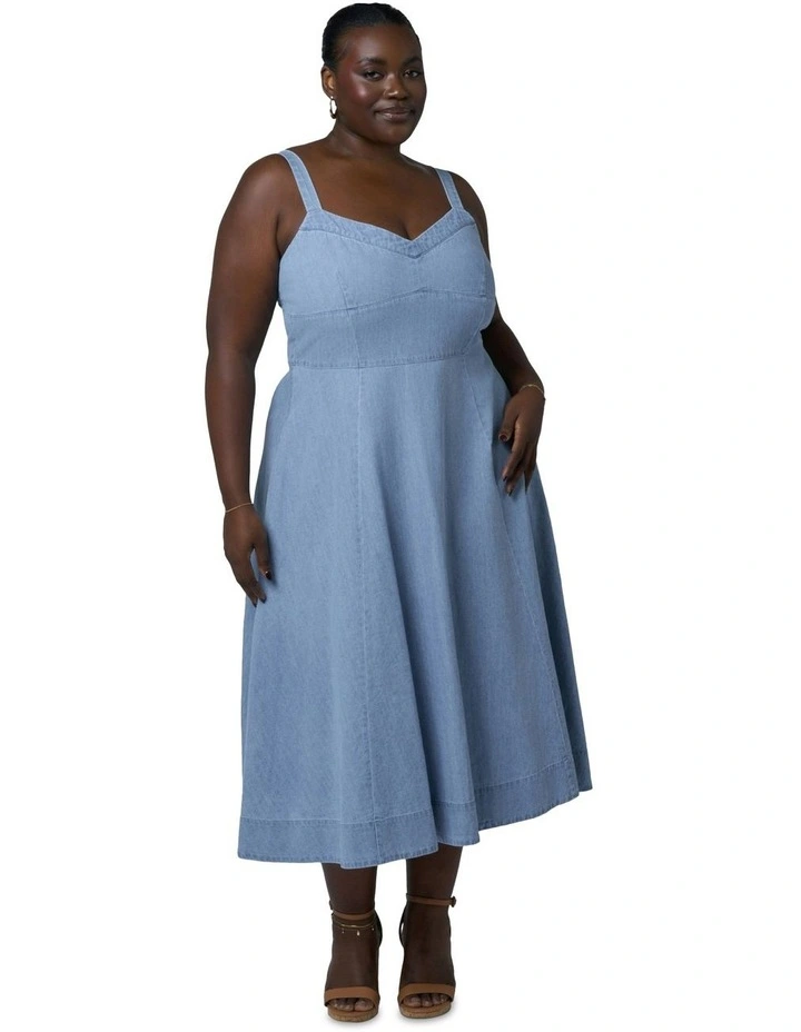 Miki Denim Flared Midi Dress in Blue image 5