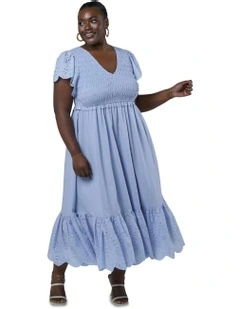 Anastasia Broderie Midi Dress in Blue