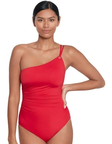 Beach Club Solids Double Strap One Shoulder Swimsuit in Red