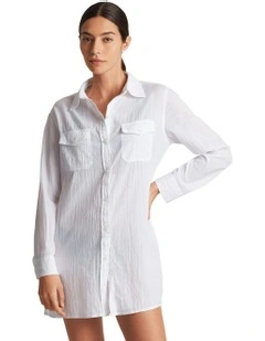 Crushed Cotton Camp Beach Cover Up Shirt in White