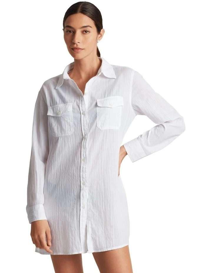 Crushed Cotton Camp Beach Cover Up Shirt in White image 1