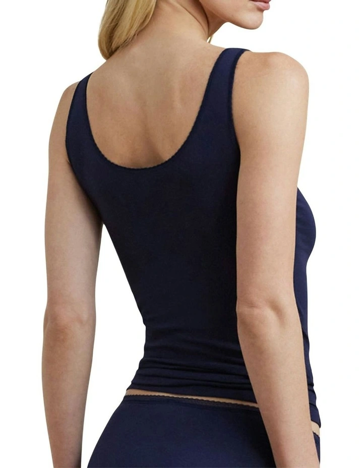 Cotton & Lace Scoop Neck Tank Top in Navy image 2