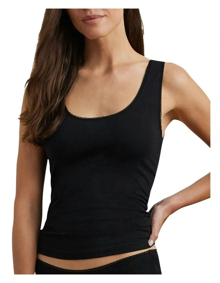 Cotton & Lace Scoop Neck Tank Top in Black image 1