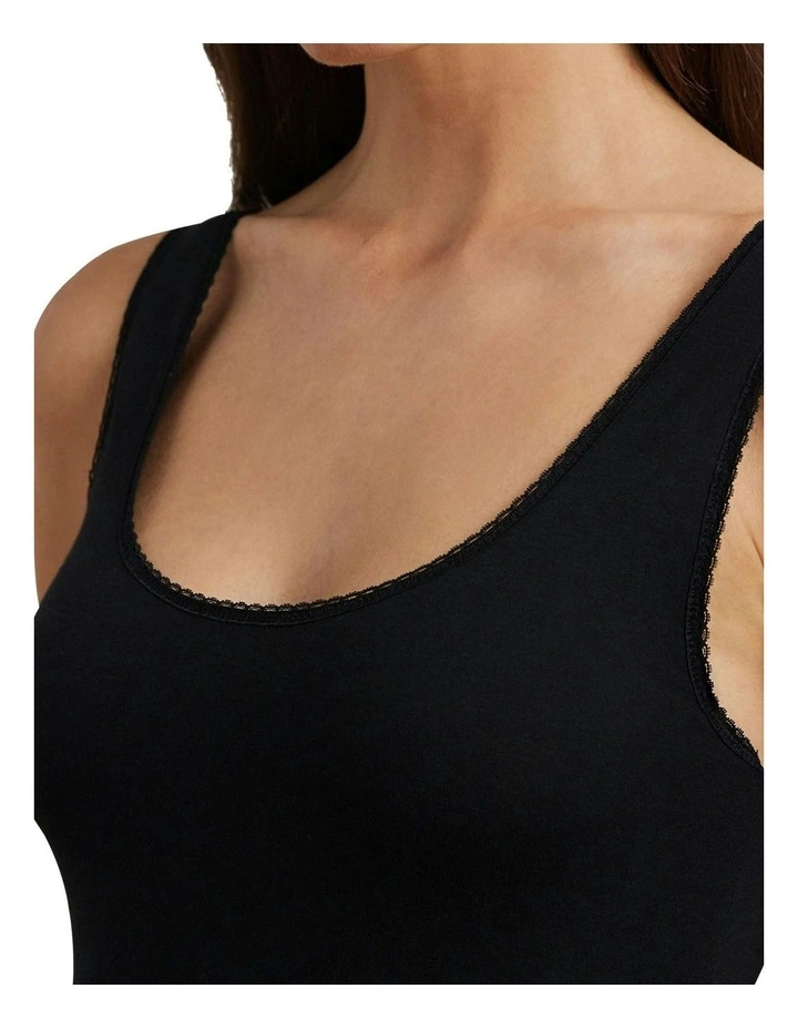 Cotton & Lace Scoop Neck Tank Top in Black image 3