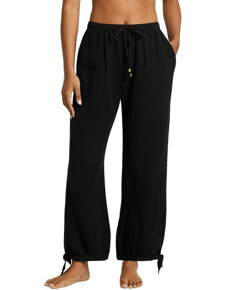 Organic Cotton Gauze Drawstring Pant Beach Cover-Up in Black image 1