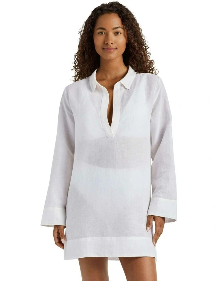 Cotton & Linen Wide Cuff Tunic Cover Up in White image 1