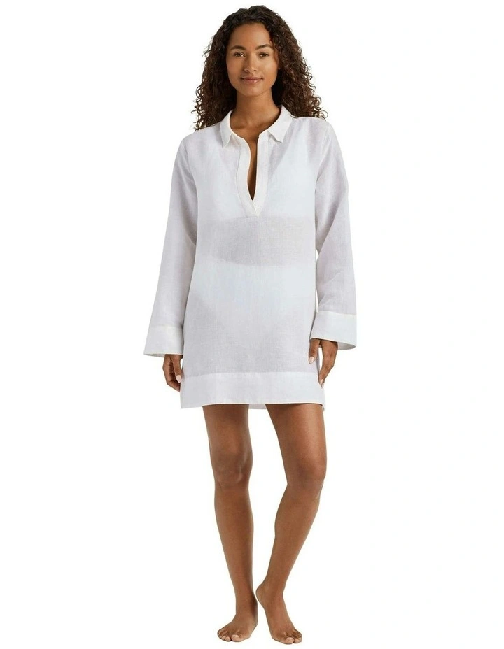 Cotton & Linen Wide Cuff Tunic Cover Up in White image 4
