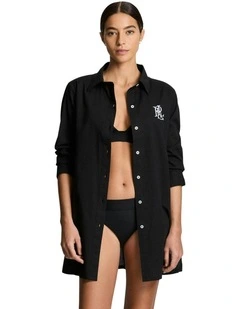 Cotton Voile Camp Shirt Beach Cover-Up in Black