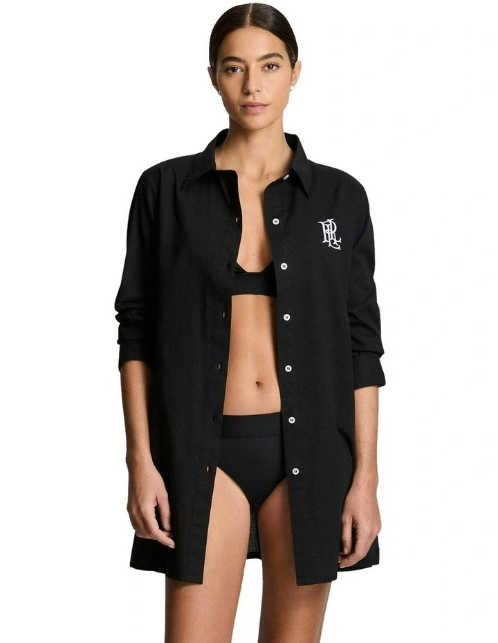 Cotton Voile Camp Shirt Beach Cover-Up in Black image 1