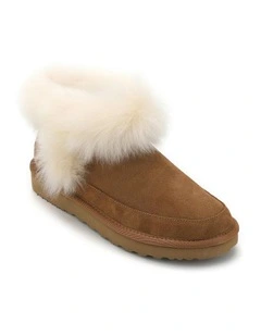 Luxe Sheepskin Wool-Trim Ankle Boots in Brown