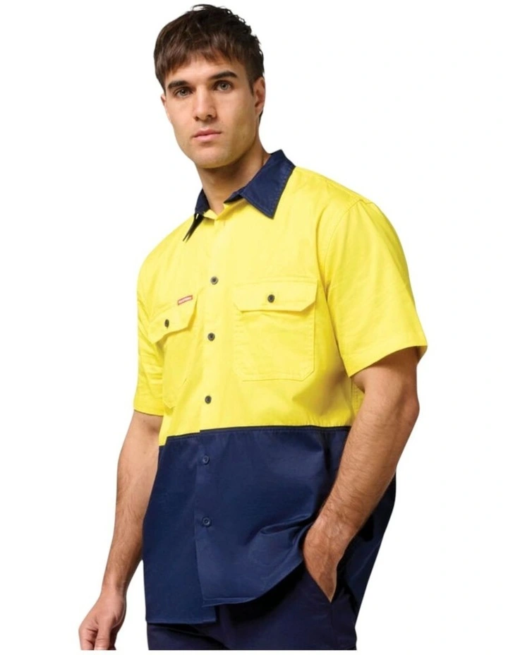 Core Hi Vis 2 Tone Short Sleeve Lightweight Vented Shirt in Yellow Navy image 3