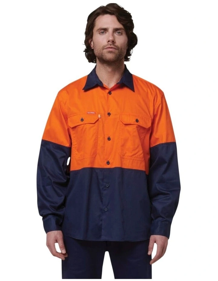 Basic 2 Tone Long Sleeve Vented Drill Shirt in Orange Navy image 1