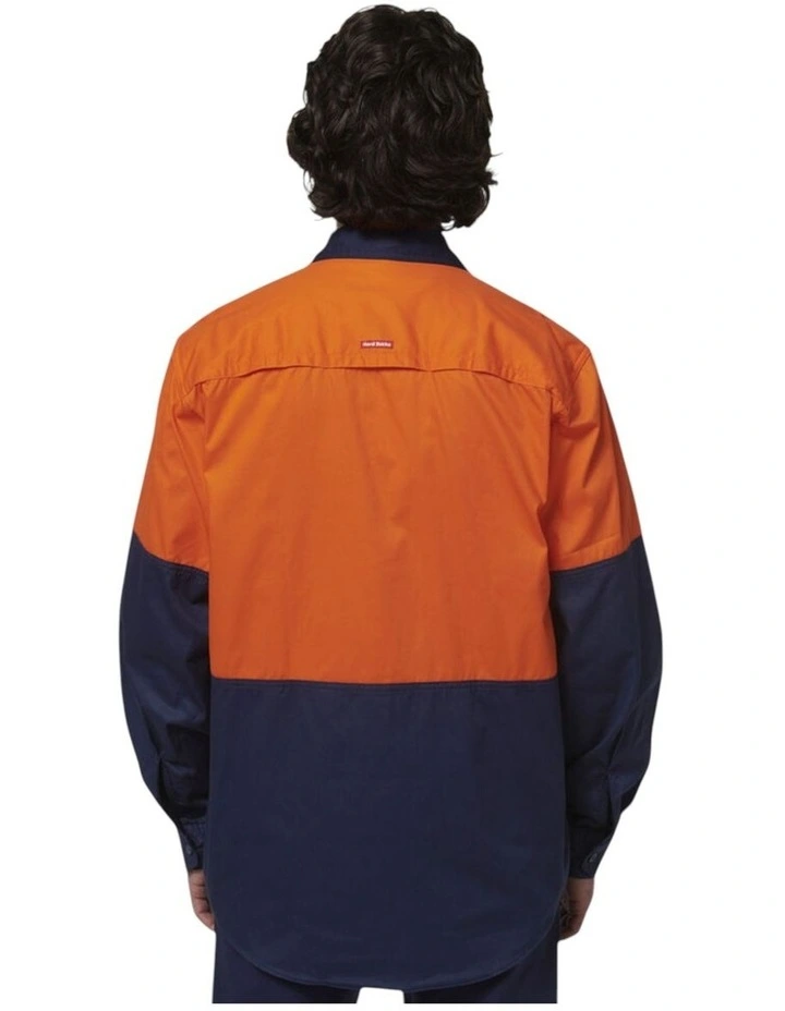 Basic 2 Tone Long Sleeve Vented Drill Shirt in Orange Navy image 2