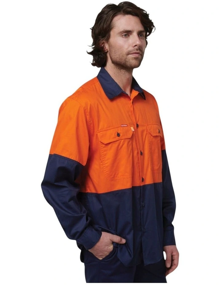 Basic 2 Tone Long Sleeve Vented Drill Shirt in Orange Navy image 3