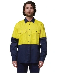 Basic 2 Tone Long Sleeve Vented Drill Shirt in Yellow Navy