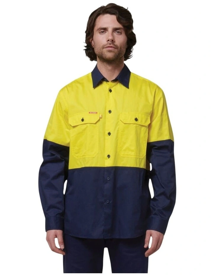 Basic 2 Tone Long Sleeve Vented Drill Shirt in Yellow Navy image 1