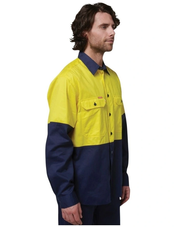 Basic 2 Tone Long Sleeve Vented Drill Shirt in Yellow Navy image 3