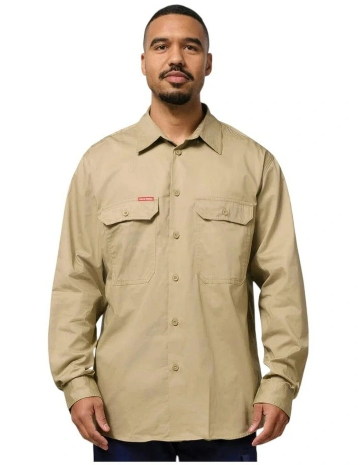Mens Hard Yakka Long Sleeve Lightweight Drill Ventilated Shirt in Khaki image 1