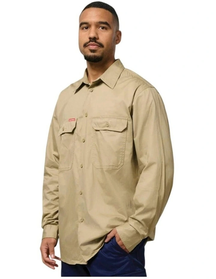 Mens Hard Yakka Long Sleeve Lightweight Drill Ventilated Shirt in Khaki image 3