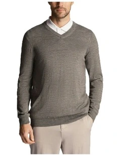 Tonal Eagle Merino Blend V Neck Knit in Mid Grey Marl