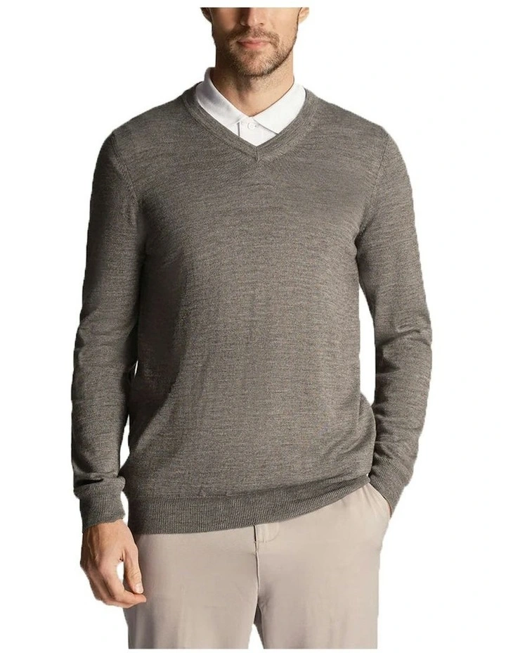 Tonal Eagle Merino Blend V Neck Knit in Mid Grey Marl image 1