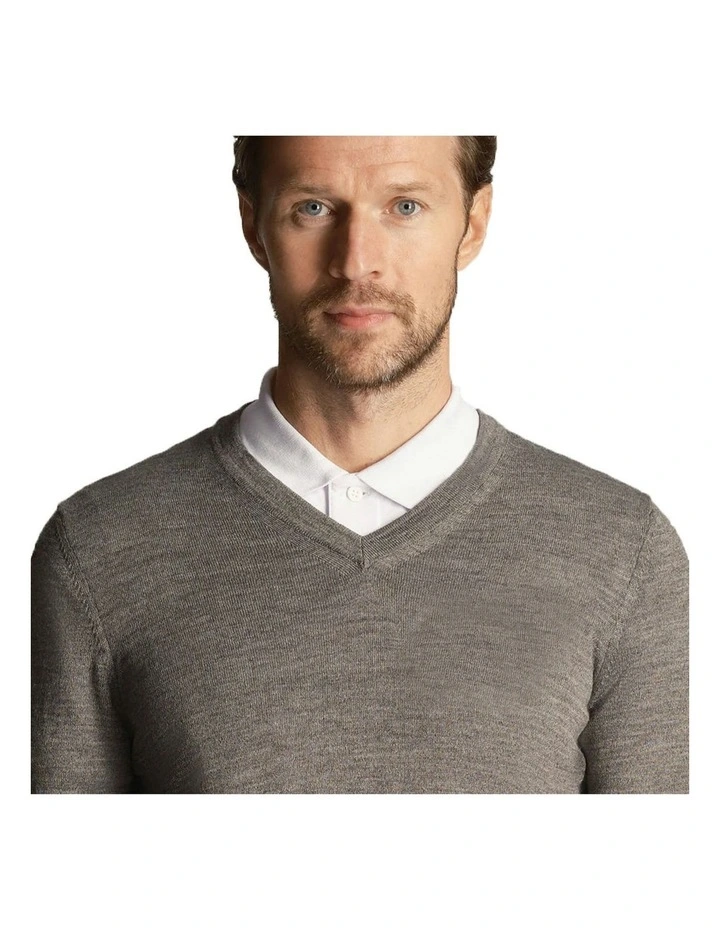 Tonal Eagle Merino Blend V Neck Knit in Mid Grey Marl image 3