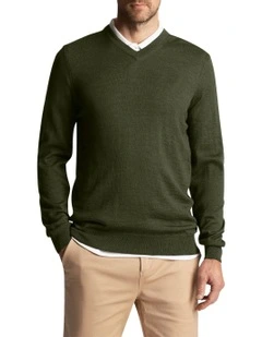 Tonal Eagle Merino Blend V Neck Knit in Cactus Green