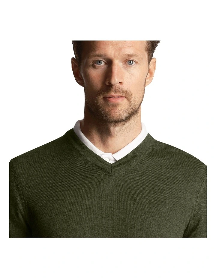 Tonal Eagle Merino Blend V Neck Knit in Cactus Green image 3
