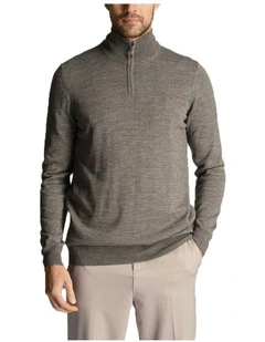 Tonal Eagle Merino Blend 1/4 Zip Knit in Mid Grey Marl