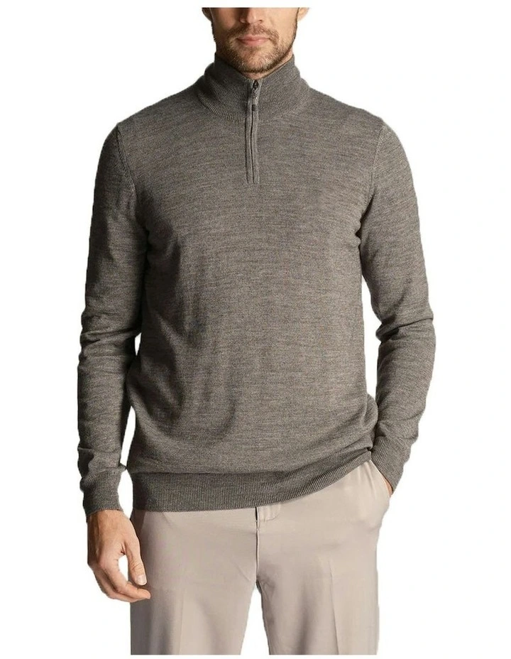 Tonal Eagle Merino Blend 1/4 Zip Knit in Mid Grey Marl image 1
