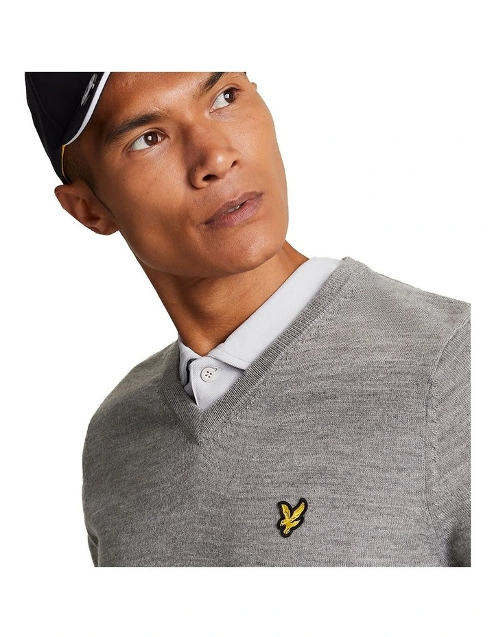 Merino Blend V-Neck Knit in Mid Grey Marl image 3