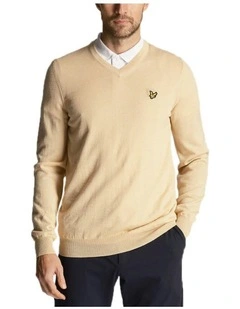Golf Merino Blend V Neck Pullover Sweater in Sand Dune