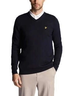 Golf Merino Blend V Neck Pullover in Dark Navy