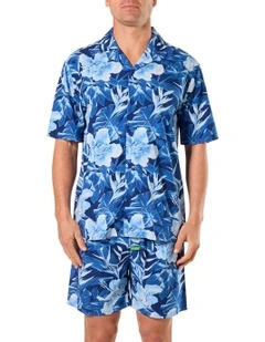 Bamboo Pyjama Set Painted Tropical Pyjama Top and Woven Shorts in Blue