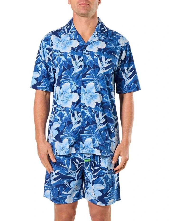Bamboo Pyjama Set Painted Tropical Pyjama Top and Woven Shorts in Blue image 1