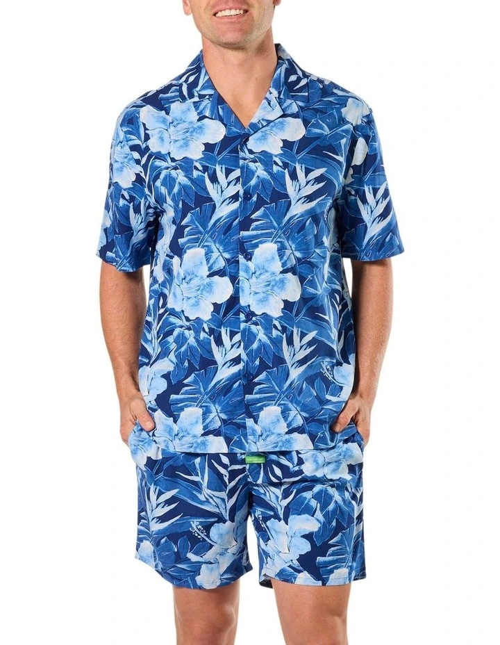 Bamboo Pyjama Set Painted Tropical Pyjama Top and Woven Shorts in Blue image 3