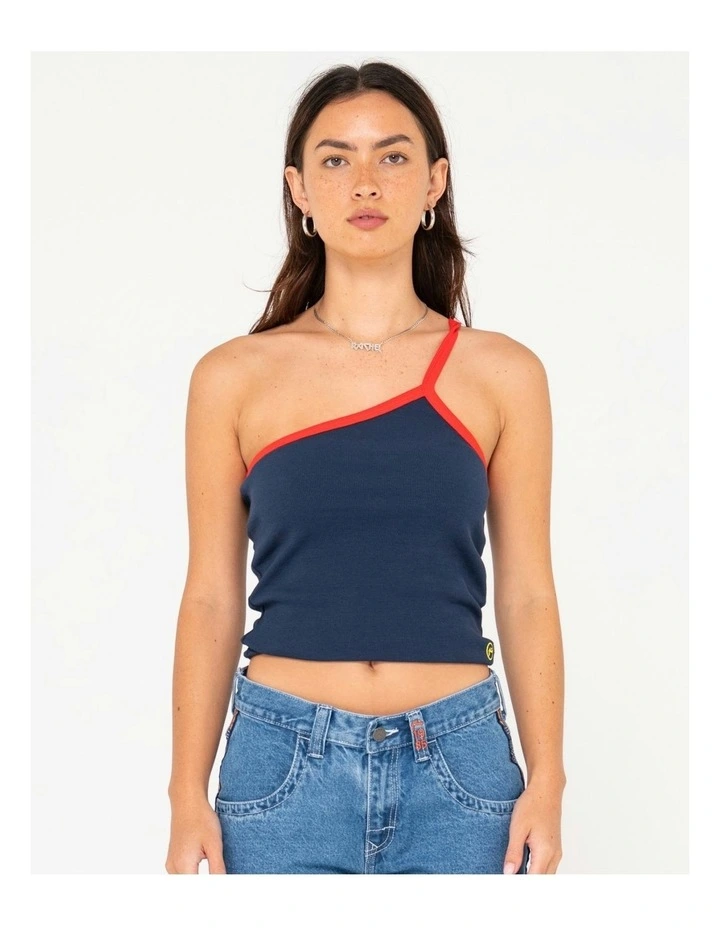 Sling One Shoulder Contrast Skimmer Tank in Blue image 1
