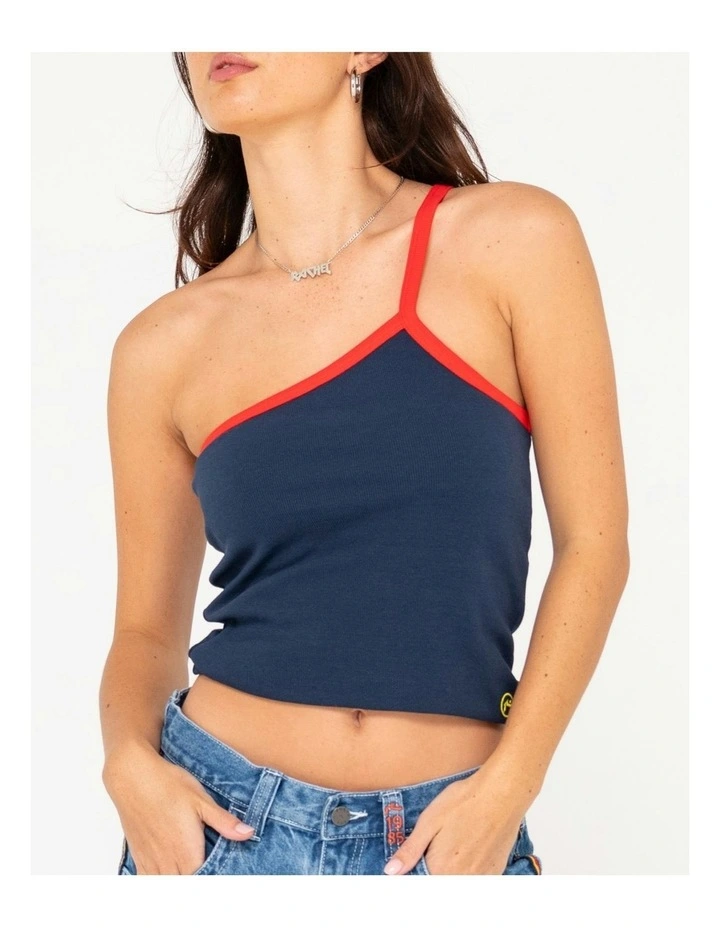 Sling One Shoulder Contrast Skimmer Tank in Blue image 4