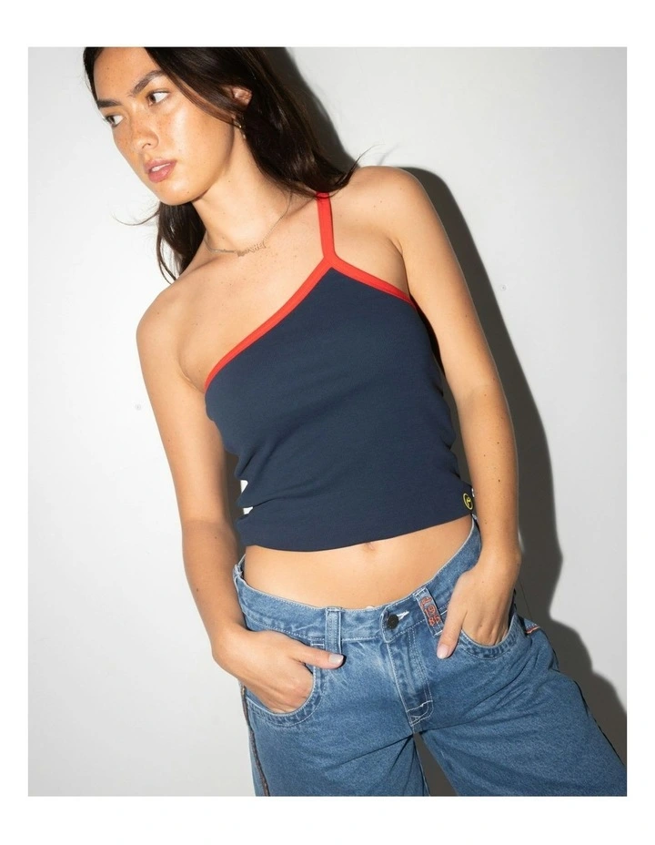 Sling One Shoulder Contrast Skimmer Tank in Blue image 5