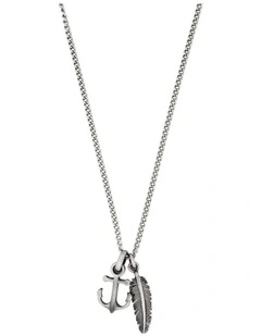 Anchor & Feather Pendant on Fine Curb Link Chain in Antique Ion Plated