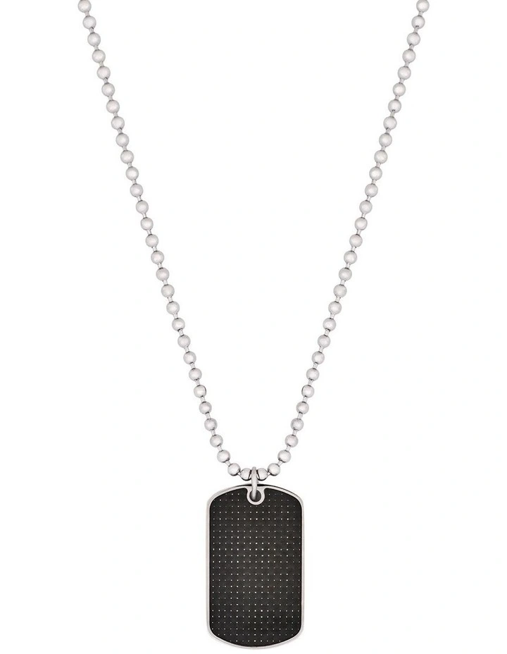 Stainless Steel & Carbon Fibre Inlay Dog Tag on Ball Chain in Black image 1